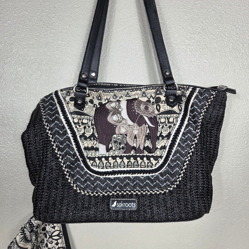 Sakroots Black Woven Elephant Embroidered Tote Bag + Matching Pouch